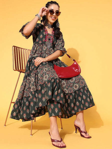Designer Floral Printed Tiered Pure Cotton Kurta with Trousers For Women, Indo Western Outfit, Indian Dress For Women, Indian Suit Set VitansEthnics