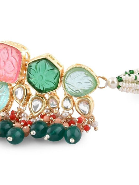 Gold-Plated Stone Studded Jewellery Set, Indian Necklace Earrings Ring Set, Multicolor Bollywood Jewelry Set VitansEthnics