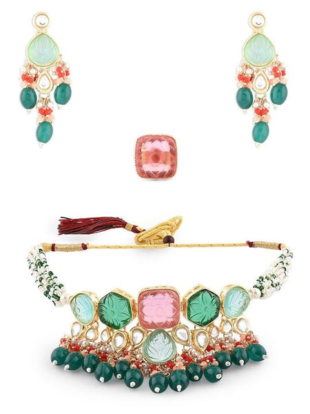 Gold-Plated Stone Studded Jewellery Set, Indian Necklace Earrings Ring Set, Multicolor Bollywood Jewelry Set VitansEthnics
