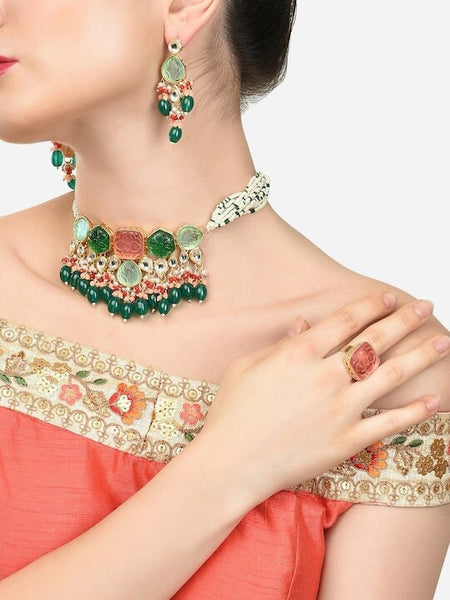 Gold-Plated Stone Studded Jewellery Set, Indian Necklace Earrings Ring Set, Multicolor Bollywood Jewelry Set VitansEthnics