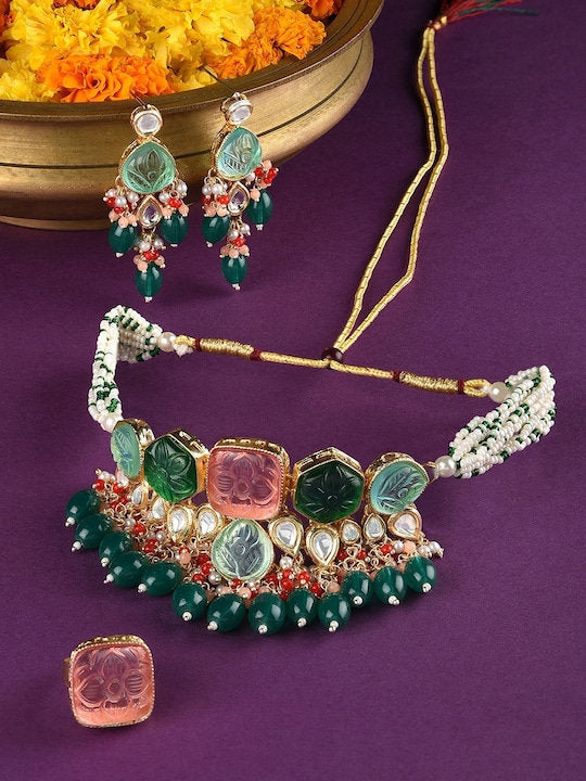 Gold-Plated Stone Studded Jewellery Set, Indian Necklace Earrings Ring Set, Multicolor Bollywood Jewelry Set VitansEthnics