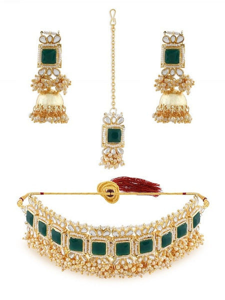 Gold-Plated Green White Kundan Studded & Pearl Beaded Jewellery Set, Indian Necklace Earrings Maangtikka Set, Bollywood Jewelry Set VitansEthnics