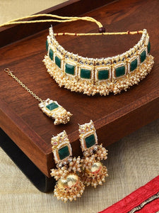 Gold-Plated Green White Kundan Studded & Pearl Beaded Jewellery Set, Indian Necklace Earrings Maangtikka Set, Bollywood Jewelry Set VitansEthnics