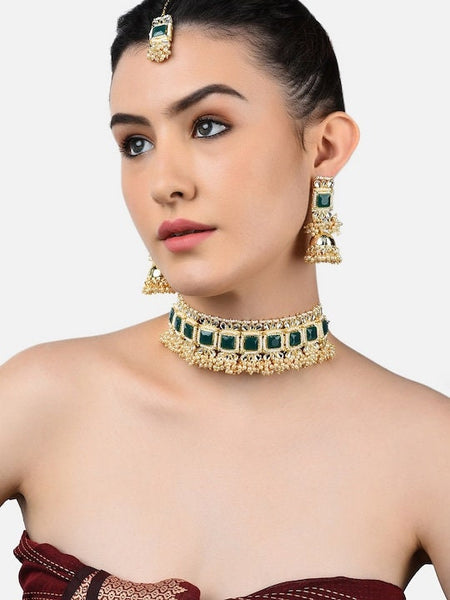 Gold-Plated Green White Kundan Studded & Pearl Beaded Jewellery Set, Indian Necklace Earrings Maangtikka Set, Bollywood Jewelry Set VitansEthnics