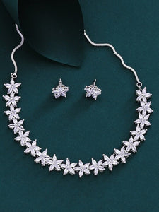 Silver-Plated White American Diamond Studded Handcrafted Floral Jewellery Set, Indian Necklace With Earrings Set, Bollywood Jewelry Set VitansEthnics
