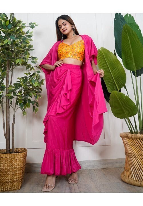 Women Brocade Crop Top With Dhoti Skirt And Long Jacket, Indo Western Ethnic Set for Women, Designer Party Wear Suit, Fusion Outfit VitansEthnics