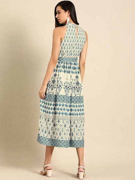 Off White & Navy Blue Ethnic Digital Print Crepe A-Line Midi Dress With Belt, Indo-Western Maxi Dress, Indian Outfit, Dresses For Women VitansEthnics