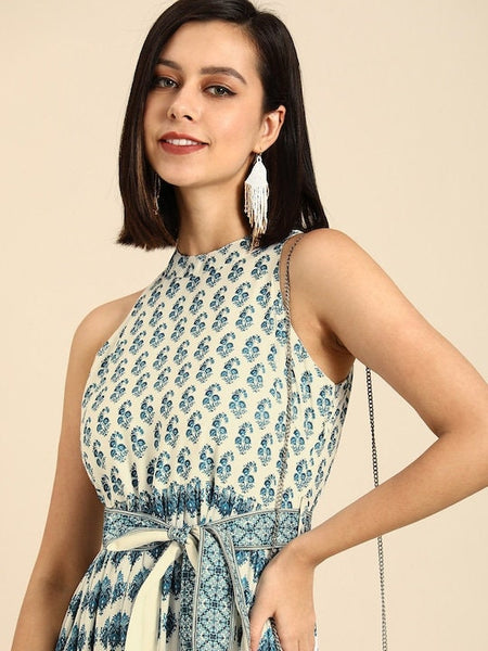 Off White & Navy Blue Ethnic Digital Print Crepe A-Line Midi Dress With Belt, Indo-Western Maxi Dress, Indian Outfit, Dresses For Women VitansEthnics