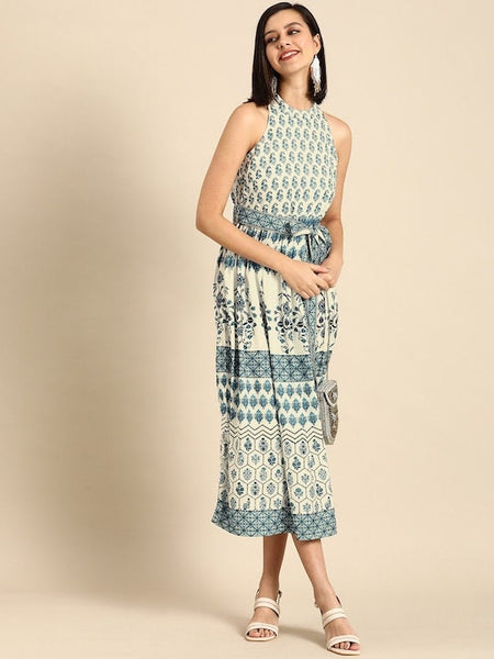 Off White & Navy Blue Ethnic Digital Print Crepe A-Line Midi Dress With Belt, Indo-Western Maxi Dress, Indian Outfit, Dresses For Women VitansEthnics