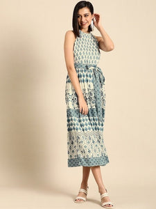 Off White & Navy Blue Ethnic Digital Print Crepe A-Line Midi Dress With Belt, Indo-Western Maxi Dress, Indian Outfit, Dresses For Women VitansEthnics