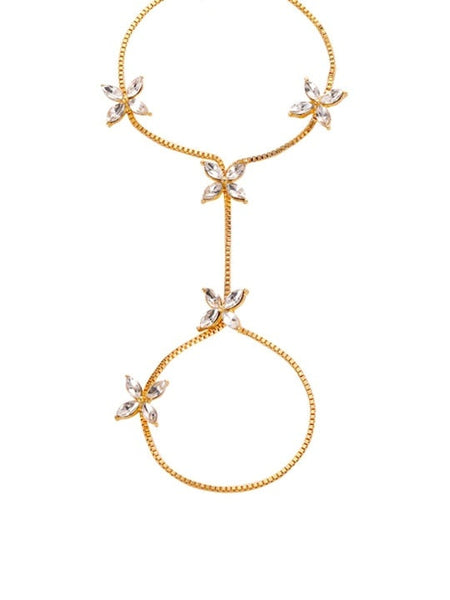 Women Gold-Plated Flower Crystal Graceful Hand Chain Ring Bracelet, Bracelet With Attached Ring, Indian Jewellery, Bracelet Ring Set VitansEthnics