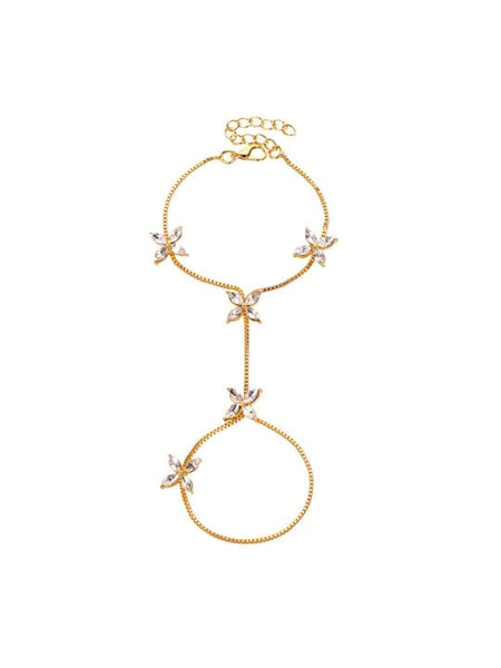 Women Gold-Plated Flower Crystal Graceful Hand Chain Ring Bracelet, Bracelet With Attached Ring, Indian Jewellery, Bracelet Ring Set VitansEthnics