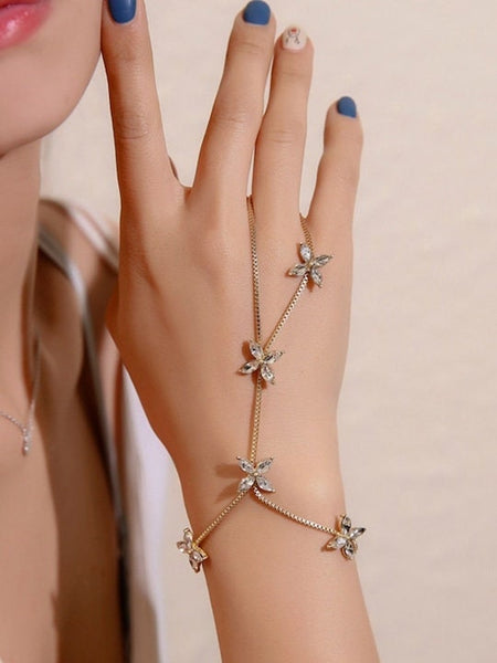 Women Gold-Plated Flower Crystal Graceful Hand Chain Ring Bracelet, Bracelet With Attached Ring, Indian Jewellery, Bracelet Ring Set VitansEthnics