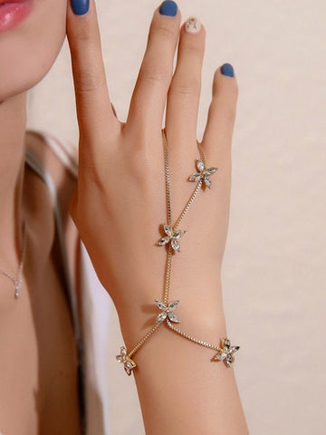 Women Gold-Plated Flower Crystal Graceful Hand Chain Ring Bracelet, Bracelet With Attached Ring, Indian Jewellery, Bracelet Ring Set VitansEthnics