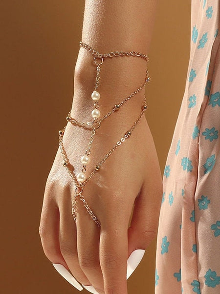 Women White Pearls Gold-Plated Multi Stranded Ring Bracelet, Bracelet With Attached Ring, Indian Jewellery, Bracelet Ring Set VitansEthnics