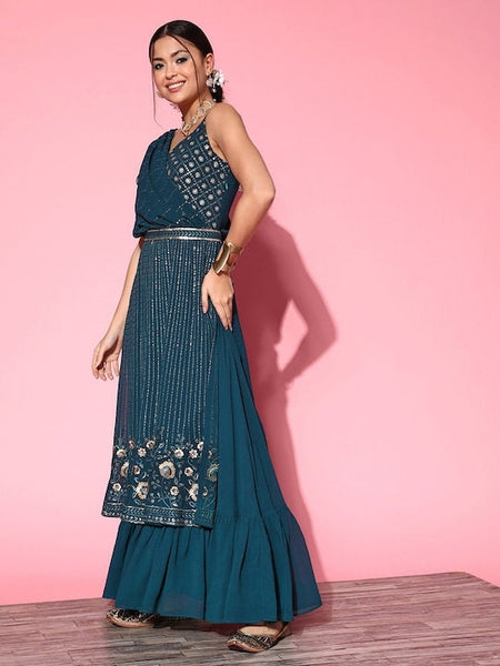 Women Long flare dress with dupatta drape, Ready to wear saree, Indo Western Dress, Saree Gown set, Indian suit set, Wedding Wear outfit VitansEthnics