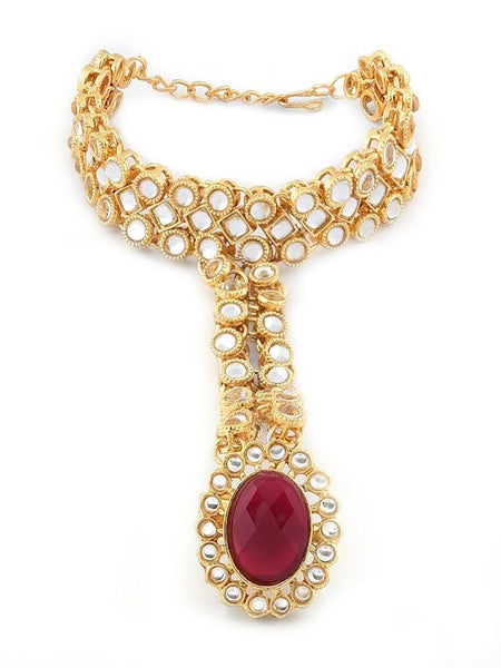 Women Gold-Toned & Red Kundan Ring Bracelet, Hand harness For Women, Haath Phool, Bracelet With Adjustable Ring, Indian Traditional Bracelet VitansEthnics