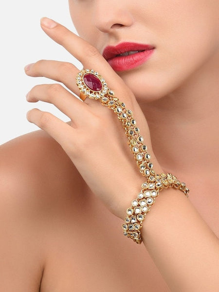 Women Gold-Toned & Red Kundan Ring Bracelet, Hand harness For Women, Haath Phool, Bracelet With Adjustable Ring, Indian Traditional Bracelet VitansEthnics