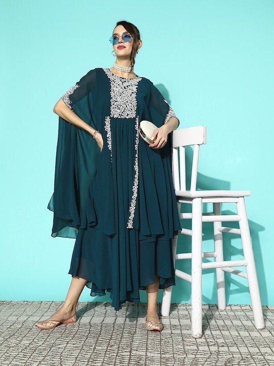 Designer Indian Teal Maxi Dress, Indian Dress For Women, Indo Western Outfit, Floral Embroidered Kimono Sleeve Georgette Maxi Ethnic Dress VitansEthnics