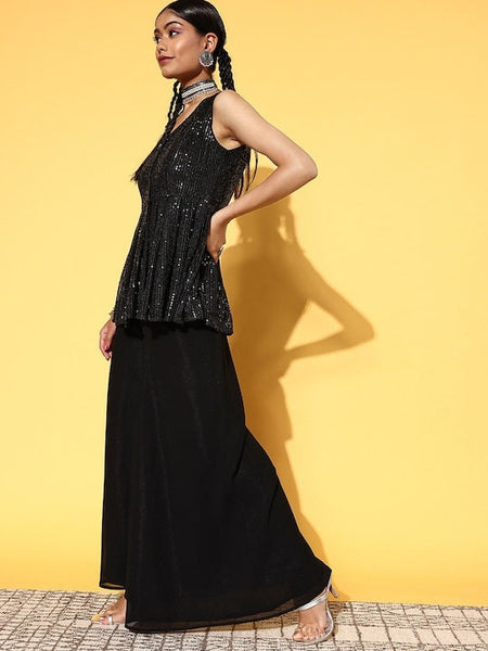 Women Black Sequin Embellished Top with Solid Palazzos, Indo Western Outfit, Ethnic Set for women, Peplum top with palazzo Set, Indian Dress VitansEthnics