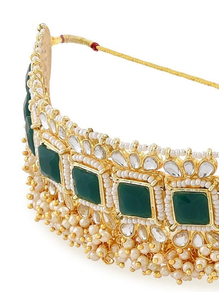 Gold-Plated Green White Kundan Studded & Pearl Beaded Jewellery Set, Indian Necklace Earrings Maangtikka Set, Bollywood Jewelry Set VitansEthnics