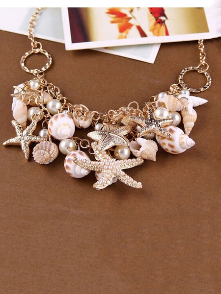 Gold-Toned & White Sea Shell Starfish Pearls Hanging Choker Necklace For Women, Indian Choker, Contemporary Choker Necklace, Beach Jewelry VitansEthnics