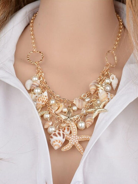 Gold-Toned & White Sea Shell Starfish Pearls Hanging Choker Necklace For Women, Indian Choker, Contemporary Choker Necklace, Beach Jewelry VitansEthnics