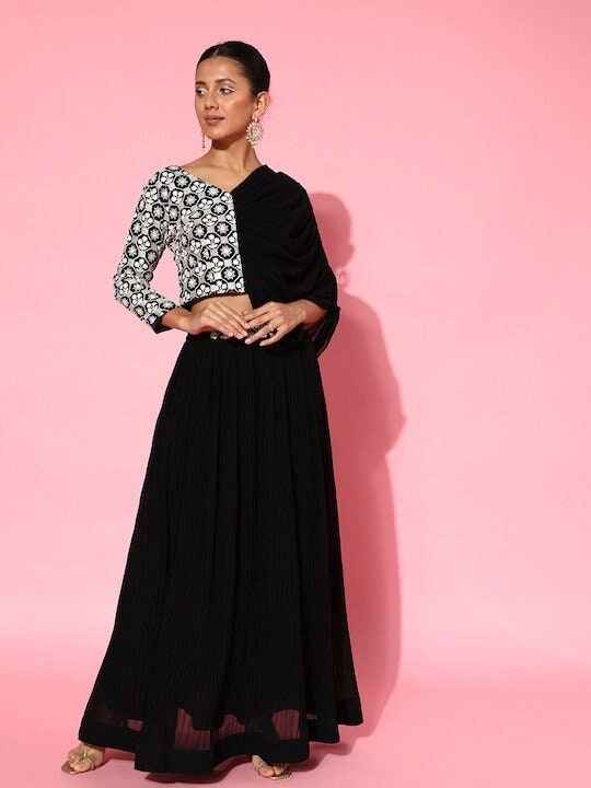 Indian Embroidered Sequin Crop Top With Skirt Set, Indian Blouse With Skirt Set, Indo Western Dress For Women, Indian Dress, Lehenga Choli VitansEthnics