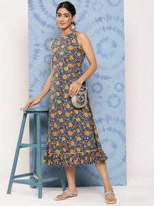 Designer Indian Floral Print A-Line Cotton Midi Dress, Indian Dress For Women, Printed Indo Western Outfit, Anarkali Dress, Fusion Kurta VitansEthnics