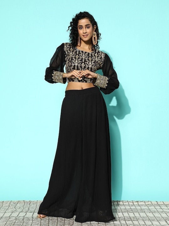 Women Elegant Embroidered Crop Top with Solid Palazzos, Indo Western Ethnic Set for women, Embroidered Crop top with palazzo, Fusion Outfit VitansEthnics