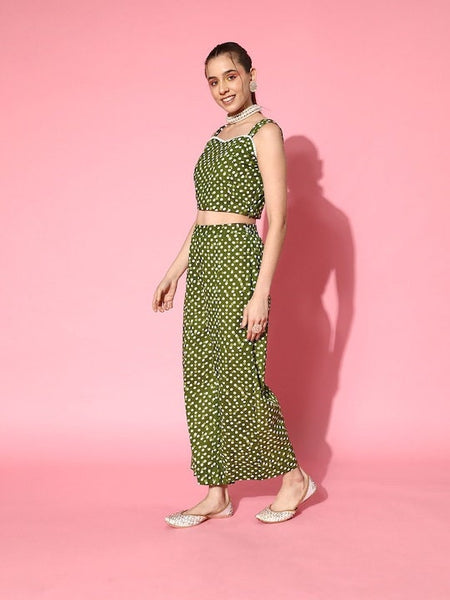 Olive Green Printed Lace Inserted Shoulder Straps Co Ords For Women, Indian Crop Top & Palazzo Set, Indo Western Dress, Indian Dress, Fusion VitansEthnics