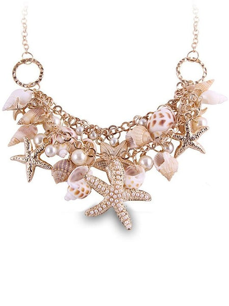 Gold-Toned & White Sea Shell Starfish Pearls Hanging Choker Necklace For Women, Indian Choker, Contemporary Choker Necklace, Beach Jewelry VitansEthnics