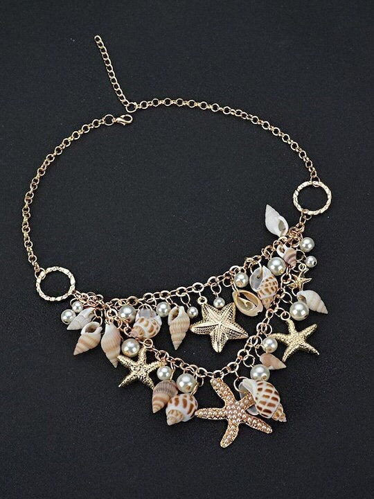 Gold-Toned & White Sea Shell Starfish Pearls Hanging Choker Necklace For Women, Indian Choker, Contemporary Choker Necklace, Beach Jewelry VitansEthnics