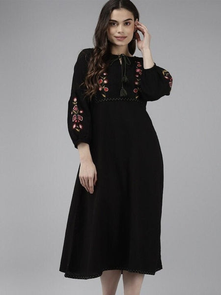 Designer Indian Floral Embroidered Tie Up Neck Pure Cotton A-Line Midi Dress, Indian Dress For Women, Indo Western Outfit, Fusion Dress VitansEthnics