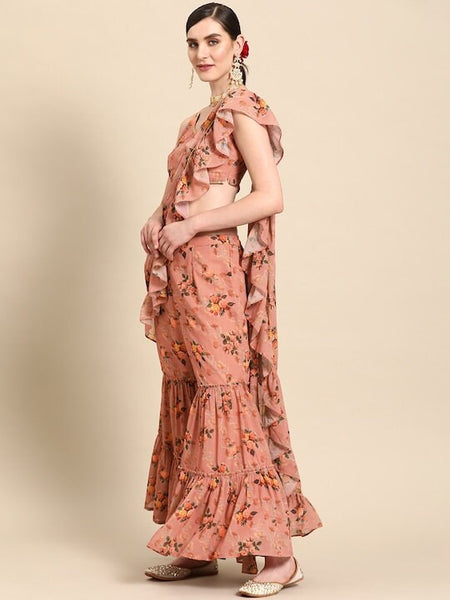 Women Gorgeous Pink Printed Top with Sharara & attached Dupatta, Ready to wear saree, Indo Western Dress, Pant saree set, Indian suit set VitansEthnics