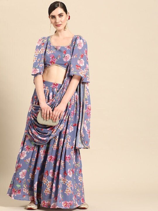 Women Gorgeous Floral Printed Top with Skirt & attached Dupatta, Ready to wear saree, Indo Western Dress, Skirt saree set, Lehenga Choli VitansEthnics