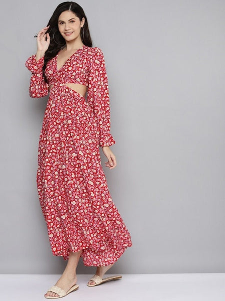 Romantic Red Floral Cutout Maxi Dress, Indian Dress For Women, Indo Western Dress For Women, Party Wear Maxi, Summer Beach Wear Dress VitansEthnics