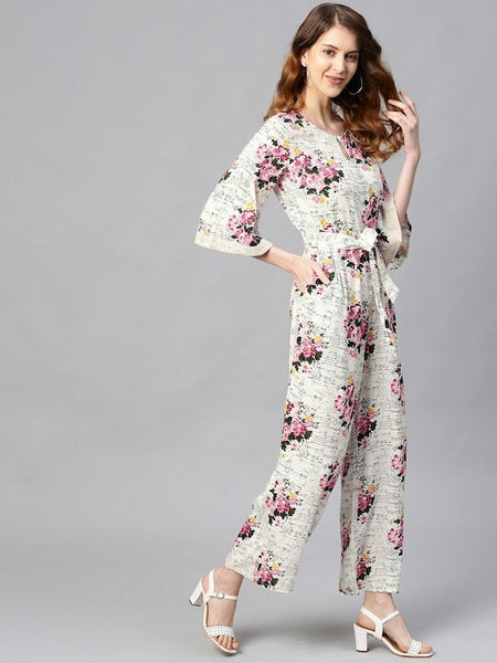 Off-White & Pink Floral Print Jumpsuit, Designer Indian Jumpsuit For Women, Indo Western Dress, Jumpsuits For Women, Fusion Wear For Women VitansEthnics