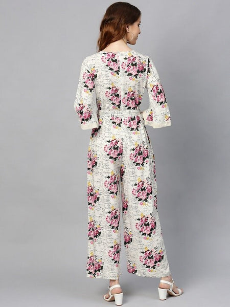 Off-White & Pink Floral Print Jumpsuit, Designer Indian Jumpsuit For Women, Indo Western Dress, Jumpsuits For Women, Fusion Wear For Women VitansEthnics