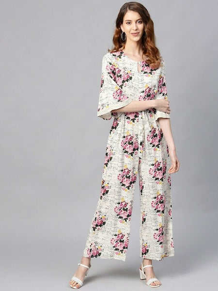 Off-White & Pink Floral Print Jumpsuit, Designer Indian Jumpsuit For Women, Indo Western Dress, Jumpsuits For Women, Fusion Wear For Women VitansEthnics