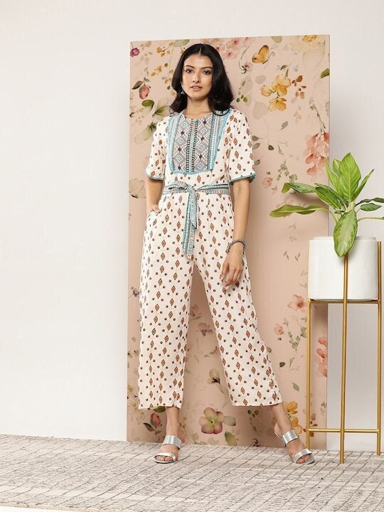 Off-White & Pink Printed Culotte Jumpsuit, Designer Indian Jumpsuit For Women, Indo Western Dress, Jumpsuits For Women, Fusion Wear Women VitansEthnics