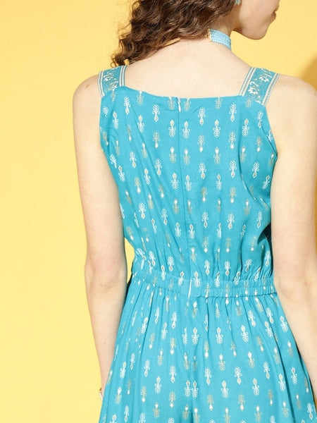 Designer Indian Turquoise Blue Printed Jumpsuit For Women, Indo-Western Dress, Party Wear Indian Outfit, Indo western Outfit VitansEthnics