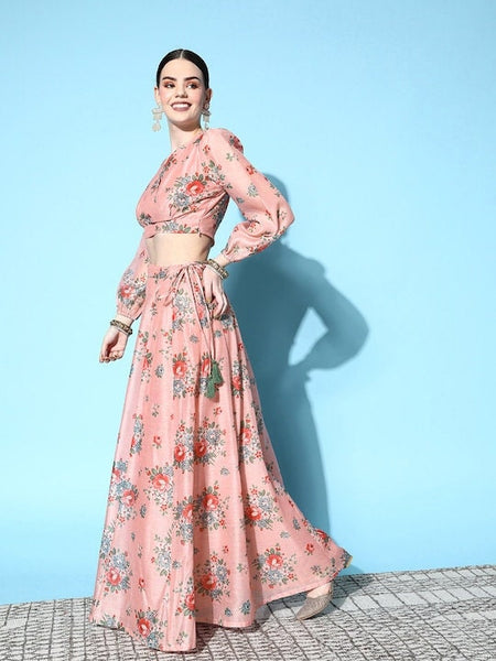 Indian Floral Crop Top With Maxi Skirt Set For Women, Lehenga Choli Women, Indian Blouse With Skirt Set, Indian Dress, Indo Western Dress VitansEthnics