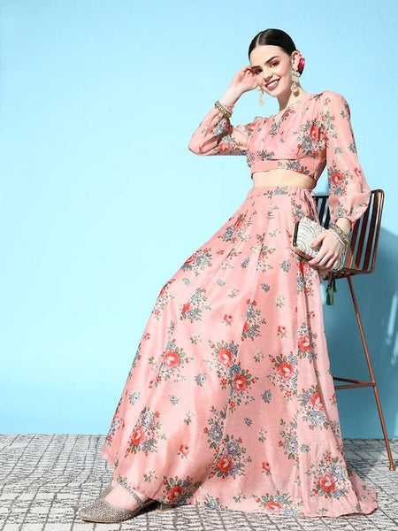 Indian Floral Crop Top With Maxi Skirt Set For Women, Lehenga Choli Women, Indian Blouse With Skirt Set, Indian Dress, Indo Western Dress VitansEthnics