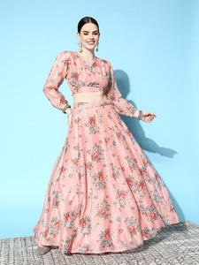 Indian Floral Crop Top With Maxi Skirt Set For Women, Lehenga Choli Women, Indian Blouse With Skirt Set, Indian Dress, Indo Western Dress VitansEthnics