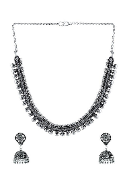 Oxidised Silver-Plated Choker With Earrings, Choker Necklace For Women, Indian Choker, Contemporary Choker Necklace VitansEthnics