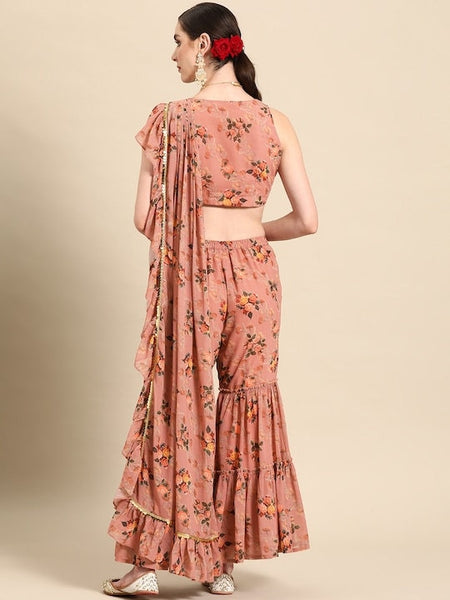 Women Gorgeous Pink Printed Top with Sharara & attached Dupatta, Ready to wear saree, Indo Western Dress, Pant saree set, Indian suit set VitansEthnics