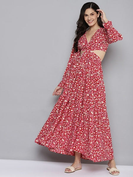 Romantic Red Floral Cutout Maxi Dress, Indian Dress For Women, Indo Western Dress For Women, Party Wear Maxi, Summer Beach Wear Dress VitansEthnics