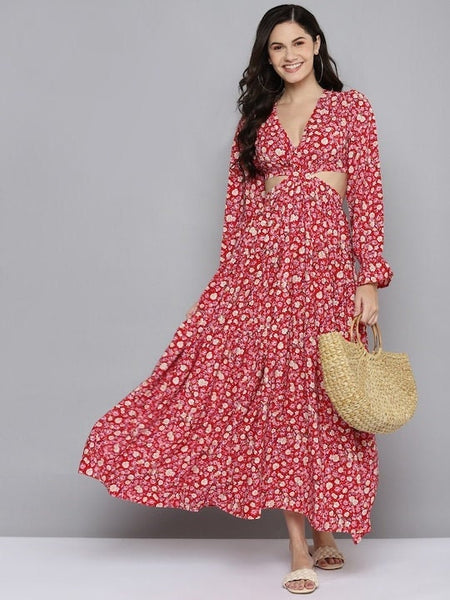 Romantic Red Floral Cutout Maxi Dress, Indian Dress For Women, Indo Western Dress For Women, Party Wear Maxi, Summer Beach Wear Dress VitansEthnics