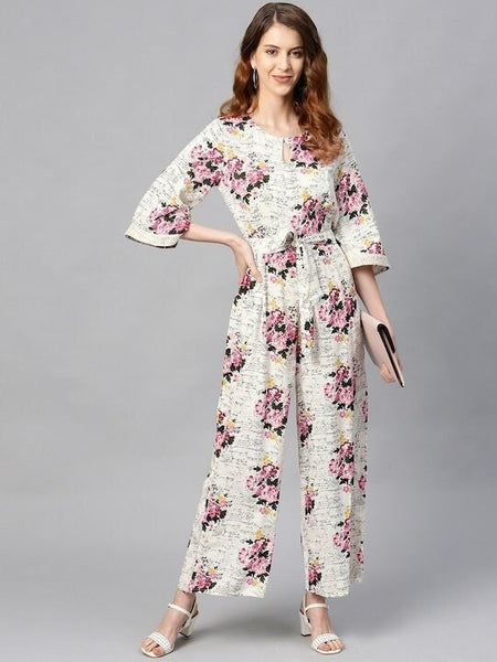 Off-White & Pink Floral Print Jumpsuit, Designer Indian Jumpsuit For Women, Indo Western Dress, Jumpsuits For Women, Fusion Wear For Women VitansEthnics